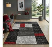 Carpetsale24 Tapis 140 x 200 cm, court poils, contours découpés, noir, gris, rouge, carreaux, lavable, facile entretien, doux, salon, chambre, salle à manger
