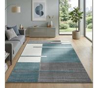 Carpetsale24 Tapis 140 x 200 cm, poils courts, contours découpés, bleu, gris, blanc, carreaux, lavable, entretien facile, extra doux, salon, chambre, salle à manger