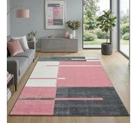 Carpetsale24 Tapis 140 x 200 cm, poils courts, contours découpés, rose, gris, blanc, carreaux, lavable, entretien facile, extra doux, salon, chambre, salle à manger
