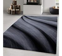 Carpetsale24 Tapis à poils courts 200 x 290 cm, design moderne à vagues abstraites en noir et gris, facile d'entretien, idéal pour les grands salons, les salles à manger ou les espaces de vie ouverts