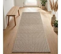 Carpetsale24 Tapis Couloir 80x250 cm Beige, Poils Courts Effet 3D Relief, Motif Bohème Scandinave, pour Salon, Chambre ou Terrasse