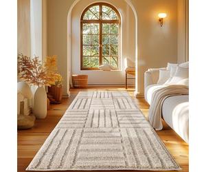 Carpetsale24 Tapis Coureur 60x110 cm Crème à Poils Longs Design Scandi Boho à Carreaux Effet Relief Shaggy Doux Moelleux Robuste Facile à Nettoyer Moderne pour Chambre, Couloir
