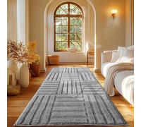 Carpetsale24 Tapis Coureur 60x110 cm Gris à Poils Longs Design Scandi Boho à Carreaux Effet Relief Shaggy Doux Moelleux Robuste Facile à Nettoyer Moderne pour Chambre, Couloir