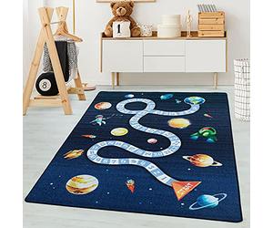 Carpetsale24 Tapis d'apprentissage pour enfant - Chiffres avec design spatial - Bleu marine - 120 x 170 cm - Tapis à poils courts pour chambre d'enfant - Pour garçons et filles - Facile d'entretien