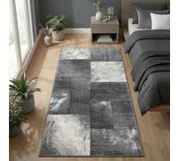Carpetsale24 Tapis de couloir 80x150 cm, poils courts, contours découpés, gris-blanc, carreaux, lavable, facile entretien, extra doux, cuisine, chambre