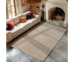 Carpetsale24 Tapis de Salon 140x200 cm Beige Scandi Boho à Carreaux Shaggy Doux Moelleux Effet Relief Moderne Facile à Nettoyer