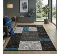 Carpetsale24 Tapis de salon Bleu - Noir 280x370 cm, motif à carreaux chiné, tapis à poils courts, tapis sculpté à la main