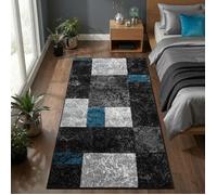 Carpetsale24 Tapis de salon Bleu - Noir 80x150 cm, motif à carreaux chiné, tapis à poils courts, tapis sculpté à la main