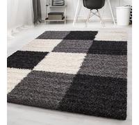 Carpetsale24 Tapis de salon Shaggy moderne, 3 couleurs, noir, gris, blanc, 200 x 290 cm, à poils longs, motif à carreaux, extra doux et facile d'entretien, tapis à poils longs moelleux, pour chambre à