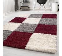 Carpetsale24 Tapis de Salon Shaggy Moderne, 3 Couleurs, Rouge, Gris, Blanc, 160 x 230 cm, Motif à Carreaux, Extra Doux et Facile d'entretien, Tapis Moelleux