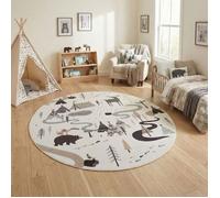 Carpetsale24 Tapis Enfant 120 cm Rond Foret Animaux Creme Motif Animaux Tapis de Jeu Chambre Enfant ideal petits coins de jeu