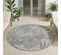 Carpetsale24 Tapis Extérieur Rond 120 cm Gris, Résistant aux Intempéries et UV, Tapis Balcon Terrasse Jardin Intérieur Extérieur, Motif Feuilles de Palmier Facile à Nettoyer