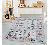Carpetsale24 Tapis pour enfant gris - 140 x 200 cm - Motif lettres de l'alphabet et chiffres - Design moderne - Antidérapant - Lavable - Facile d'entretien - Extra doux - Anti-allergène - Pour chambre