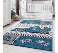 Carpetsale24 Tapis pour Enfants, Couleur Bleu, Voiture de Course, 3373, Tapis Coureur, Tapis Chambre d'enfant Chambre bébé, 80 x 150 cm