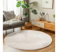 Carpetsale24 Tapis Rond 120 cm Crème à Poils Longs Design bohème scandinave Effet Relief Shaggy Doux Moelleux Robuste Facile à Nettoyer Moderne pour Table d'Appoint