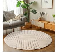 Carpetsale24 Tapis Rond 120 cm Crème Scandi Boho à Carreaux Shaggy Doux Moelleux Effet Relief Moderne Facile à Nettoyer
