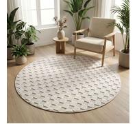 Carpetsale24 Tapis Rond 160 cm Crème Design à Carreaux Bouclé Style Scandinave Moderne Grand Tapis Salon Salle à Manger Chambre