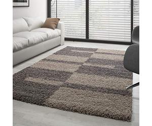 Carpettex Shaggy Flokati Tapis de salon, à poils longs, moderne, à carreaux, 200 x 290 cm, taupe, doux et moelleux, lavable, pour la cuisine et la salle à manger, à poils longs, taupe
