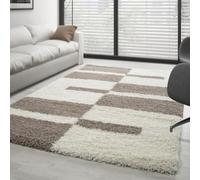 Carpettex Shaggy Flokati Tapis de salon, à poils longs, moderne, design à carreaux, 240 x 340 cm, beige, doux et moelleux, lavable, pour chambre à coucher, cuisine, salle à manger