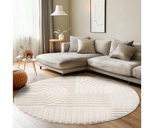 Carpettex Tapis à poils courts, profonds, 120 cm, rond, crème, look scandinave, effet 3D, motif bohème, lavable et moelleux