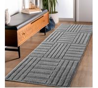 Carpettex Tapis Coureur 80x250 cm Gris à Poils Longs Design Scandi Boho à Carreaux Effet Relief DModerne pour Chambre Couloir