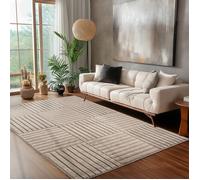 Carpettex Tapis de Salon 140x200 cm Beige à Poils Longs Design Scandi Boho à Carreaux Effet Relief Shaggy Doux Moelleux Robuste Facile à Nettoyer Moderne pour Chambre à Coucher