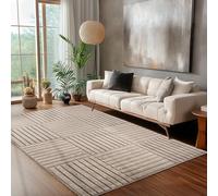 Carpettex Tapis de Salon 140x200 cm Beige à Poils Longs Design Scandi Boho à Carreaux Effet Relief Shaggy Doux Moelleux Robuste Facile à Nettoyer Moderne pour Chambre à Coucher