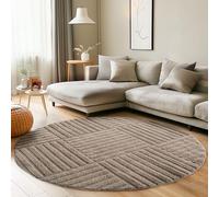 Carpettex Tapis Rond 120 cm Beige à Poils Longs Design Scandi Boho à Carreaux Effet Relief Shaggy Doux Moelleux Robuste Facile à Nettoyer Moderne pour Table d'Appoint