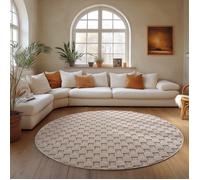 Carpettex Tapis Rond 120 cm Beige Design à Carreaux Scandinave Doux Résistant Facile à Nettoyer Salon Chambre.