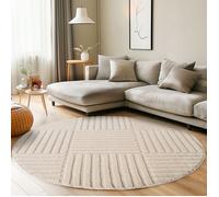 Carpettex Tapis Rond 160 cm Crème à Poils Longs Design Scandi Boho à Carreaux Effet Relief DModerne pour Chambre à Coucher