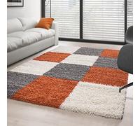 Carpettex Teppich Tapis à Poil Long Shaggy pour Le Salon, Tapis à Motif en Design à Carreaux., Couleur: Terre Cuite, Taille: 80 x 150 cm