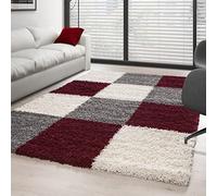 Carpettex Teppich Tapis à Poil Long Shaggy pour Le Salon, Tapis à Motif en Design à Carreaux., Couleur: Rouge, Taille: 200 x 290 cm