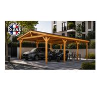 Carport bois 2 pentes en bois douglas 28 m² 6 poteaux avec pieds de poteaux fixes. Abri voiture extérieur. Garantie 10 ans.