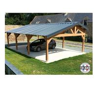 Carport Bois Douglas Français 48 m² - 2 pentes faitage décalé - 8 poteaux - Abri voiture extérieur - Garantie 10 an