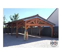 Carport Bois Douglas Français 68 m² - 2 pentes faitage décalé - 10 poteaux - Abri voiture extérieur - Garantie 10 ans