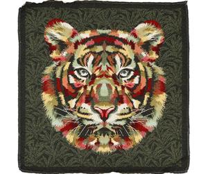 Carré de tissu jacquard polycoton motif tête de tigre SHEREKAHN vert Kaki