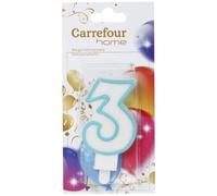 CARREFOUR HOME - Bougie Anniversaire N° 3 - Chiffre 3 au Liseré Bleu Turquoise · Élégante Bougie Blanche · Livrée avec sa Bobèche · Montée sur Pique Pratique - la bougie - Le Lot De 4