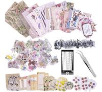 Carreuty Kit de 290 autocollants esthétiques pour albums de scrapbooking, papier décoratif pour loisirs créatifs, fleurs rétro, accessoires de journal, kit de papier pour fournitures de scrapbook