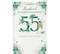 Carte 55e anniversaire de mariage émeraude pour mari, motif floral avec flûtes de champagne