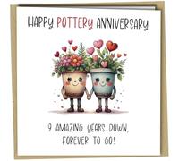 Carte amusante pour 9e anniversaire, design unique, « Happy Pottery Anniversary » 9 years down, Forever to go #1733