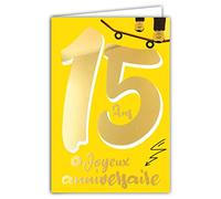 Carte Anniversaire 15 ans en Or Doré Brillant en Relief Texturé pour Ado Garçon Fille - Texte Coloré Adapté à l’Âge à l’Intérieur - Enveloppe incluse - Fabriquée en France - ColorAges - Afie 69-2415