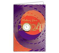 Carte Bonne Année 2024 Meilleurs Vœux en Or Doré Brillant Scintillant avec Enveloppe Blanche Format 12x17,5cm - Grand Nombre Chiffres Horloge Pendule 12 Coups de Minuit Nouvel An - Fabriqué en France