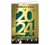 Carte Bonne Année 2024 Meilleurs Vœux en Or Doré Brillant Scintillant avec Enveloppe Blanche Format 12x17,5cm - Grand Nombre Chiffres 12 Coups de Minuit Nouvel An - Fabriqué en France