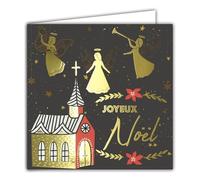 Carte Carrée Joyeux Noël Meilleurs Vœux en Or Doré Brillant avec Enveloppe Blanche 15x15cm - église Chant Les Anges dans nos campagnes Musicien Trompette étoiles Fêtes Fin d'Année - Fabriqué en France