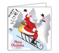 Carte Carrée Joyeux Père Noël Argenté Brillant avec Enveloppe Blanche 15x15cm - Luge Hotte Livraison Cadeaux Forêt Sapins Oiseaux Rouge-gorges 25 décembre Fêtes Fin d'Année Hiver - Fabriqué en France