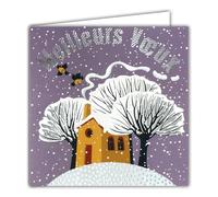 Carte Carrée Meilleurs Vœux Argenté Brillant avec Enveloppe Blanche 15x15cm - Paysage enneigé Hiver Oiseaux Maison Jaune Arbres sans feuille Cheminé Père Noël Fêtes Bonne Année - Fabriqué en France
