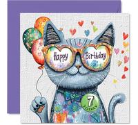Carte d’anniversaire fille 7 ans - Chat coloré avec lunettes de soleil et confettis - Carte d’anniversaire humoristique carrée avec enveloppe et message intérieur - Qualité supérieure 145mm
