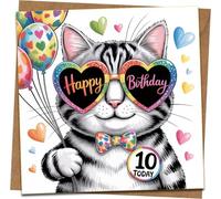 Carte d'anniversaire 10 ans pour enfants - Chat mignon avec cœur, lunettes de soleil, ballons et cœurs - Carte de vœux carrée 145 mm x 145 mm avec enveloppe kraft - Motif arc-en-ciel amusant pour