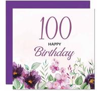 Carte d'anniversaire 100 ans pour homme et femme - Carte d'anniversaire florale violette pour femme de 100 ans, grand-mère, grand-mère, maman, tante, amie, sœur, centième nounou