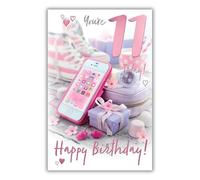Carte d'anniversaire 11e anniversaire pour une fille âgée de 11 ans - Téléphone portable 8,25 x 5,5" - Mots et souhaits
